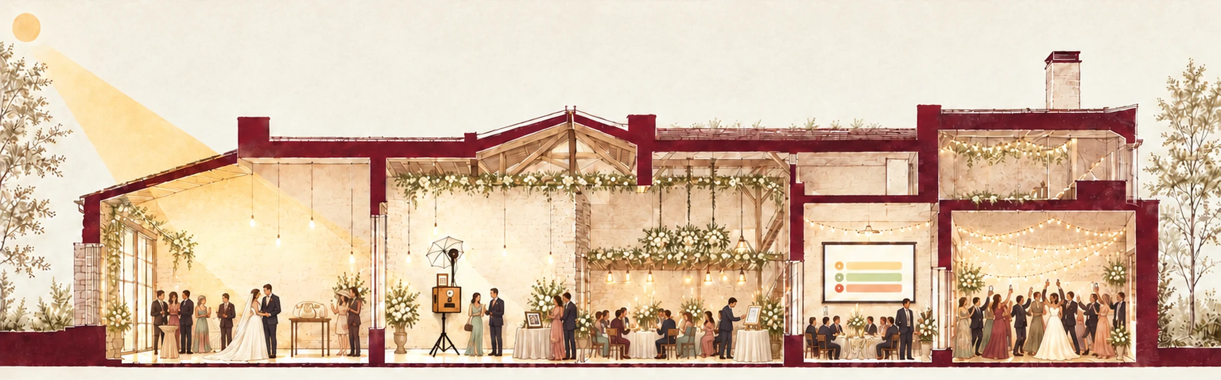 Coupe d'une salle de mariage : les mariés et leurs invités autour du livre d'or audio, du photobooth, du quiz sur tablette et du LiveQuiz sur grand écran